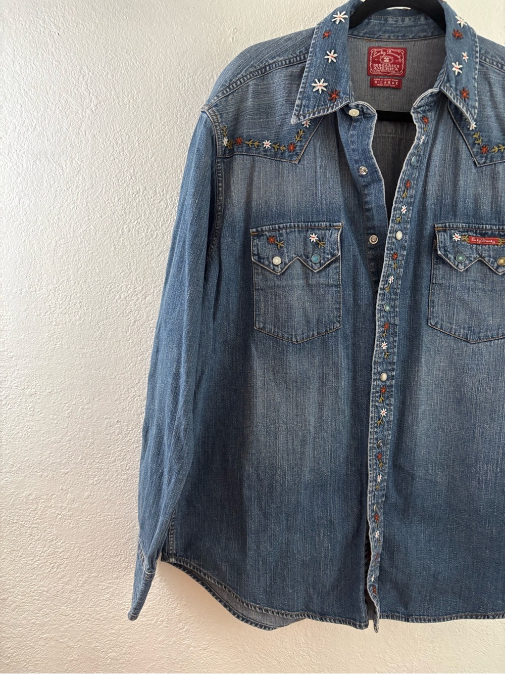 Lucky Brand floral-embroidered medium-wash denim western shirt size XL - Picture 2 of 7